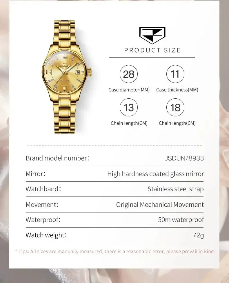 JSDUN 8933 Auto Date Mechanical Watch For Women Luxury Stainless Steel Diamond Woman Watches Deep Waterproof