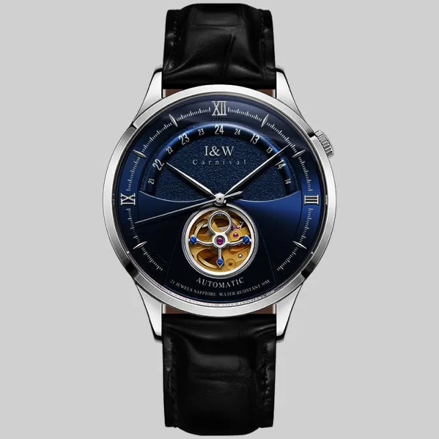 Luxury Blue Tourbillon Mechanical Watch Men I&W MIYOTA Automatic Watch Sapphire Glass Waterproof Italy Leather Band.