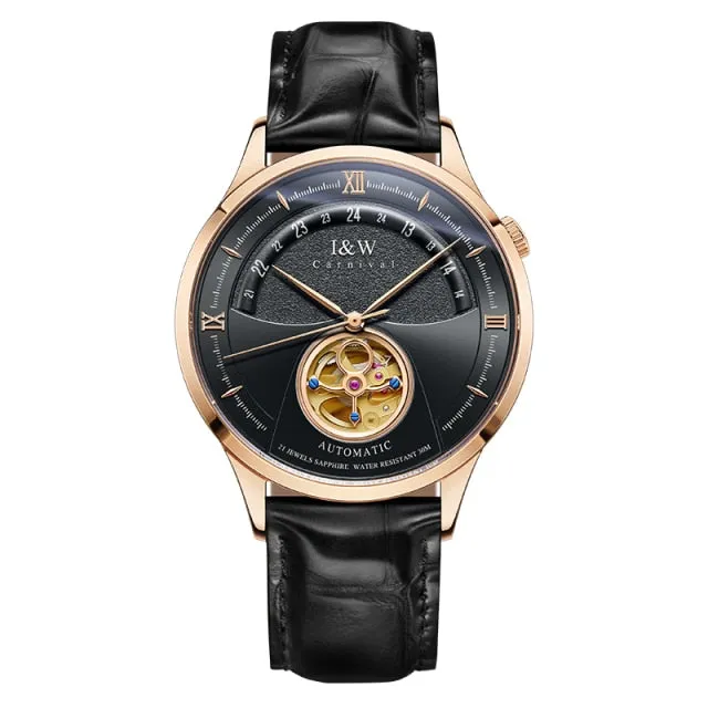 Luxury Blue Tourbillon Mechanical Watch Men I&W MIYOTA Automatic Watch Sapphire Glass Waterproof Italy Leather Band.