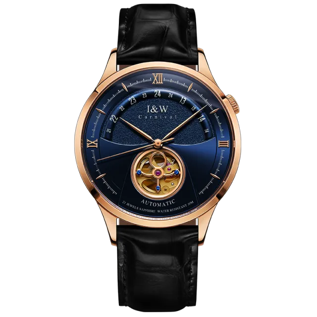 Luxury Blue Tourbillon Mechanical Watch Men I&W MIYOTA Automatic Watch Sapphire Glass Waterproof Italy Leather Band.