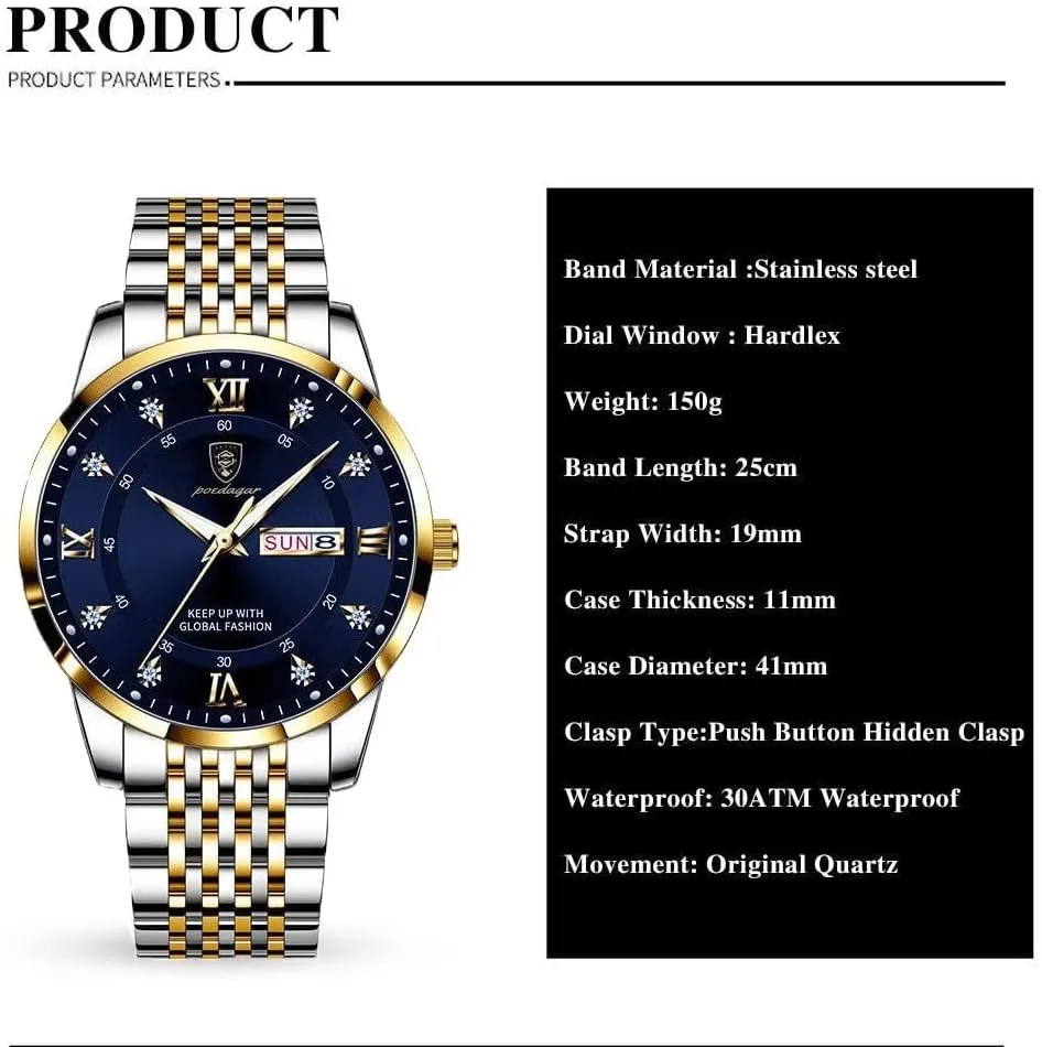 Luxury Mens Watch Business Dress Watch for Men Waterproof Stainless Steel Date Calendar Fashion Men's Wrist Watches Simple Quartz Watches