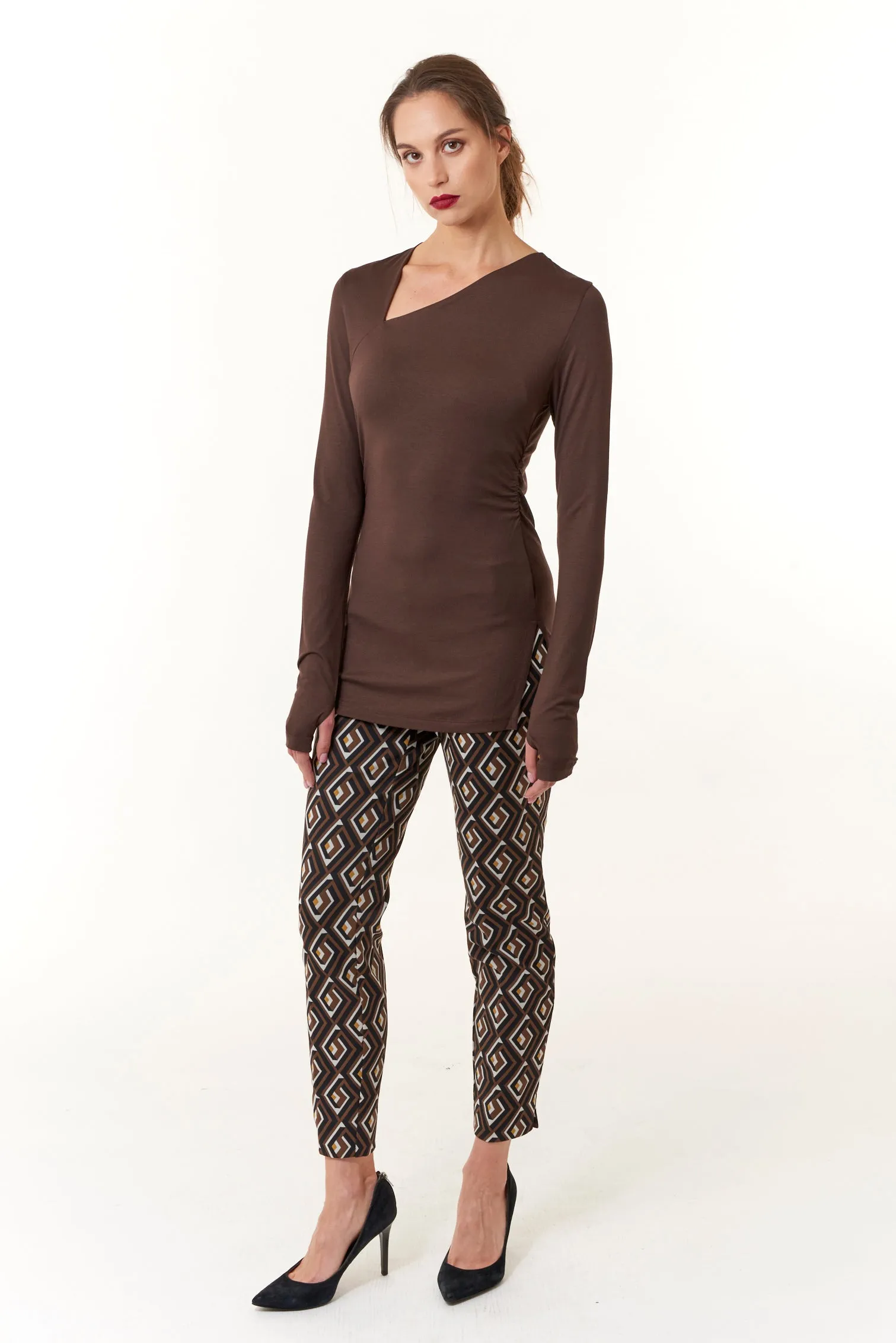 Maliparmi, knit, Assymetrical Ruched Tee Shirt in Dark Brown- Italian Designer Collection