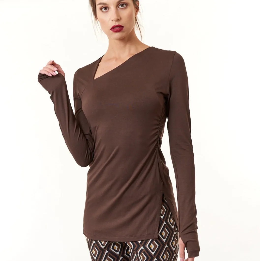 Maliparmi, knit, Assymetrical Ruched Tee Shirt in Dark Brown- Italian Designer Collection