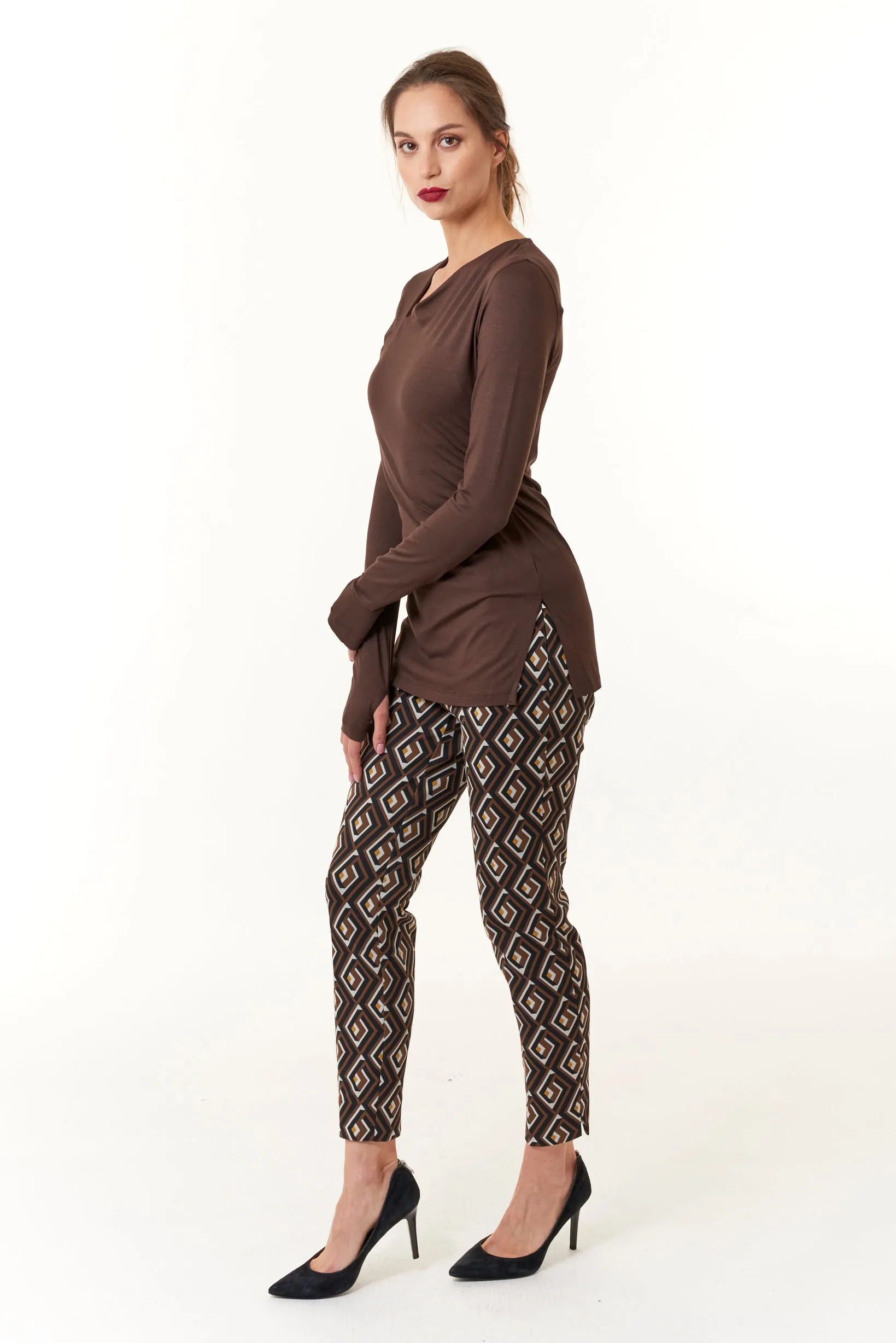 Maliparmi, knit, Assymetrical Ruched Tee Shirt in Dark Brown- Italian Designer Collection