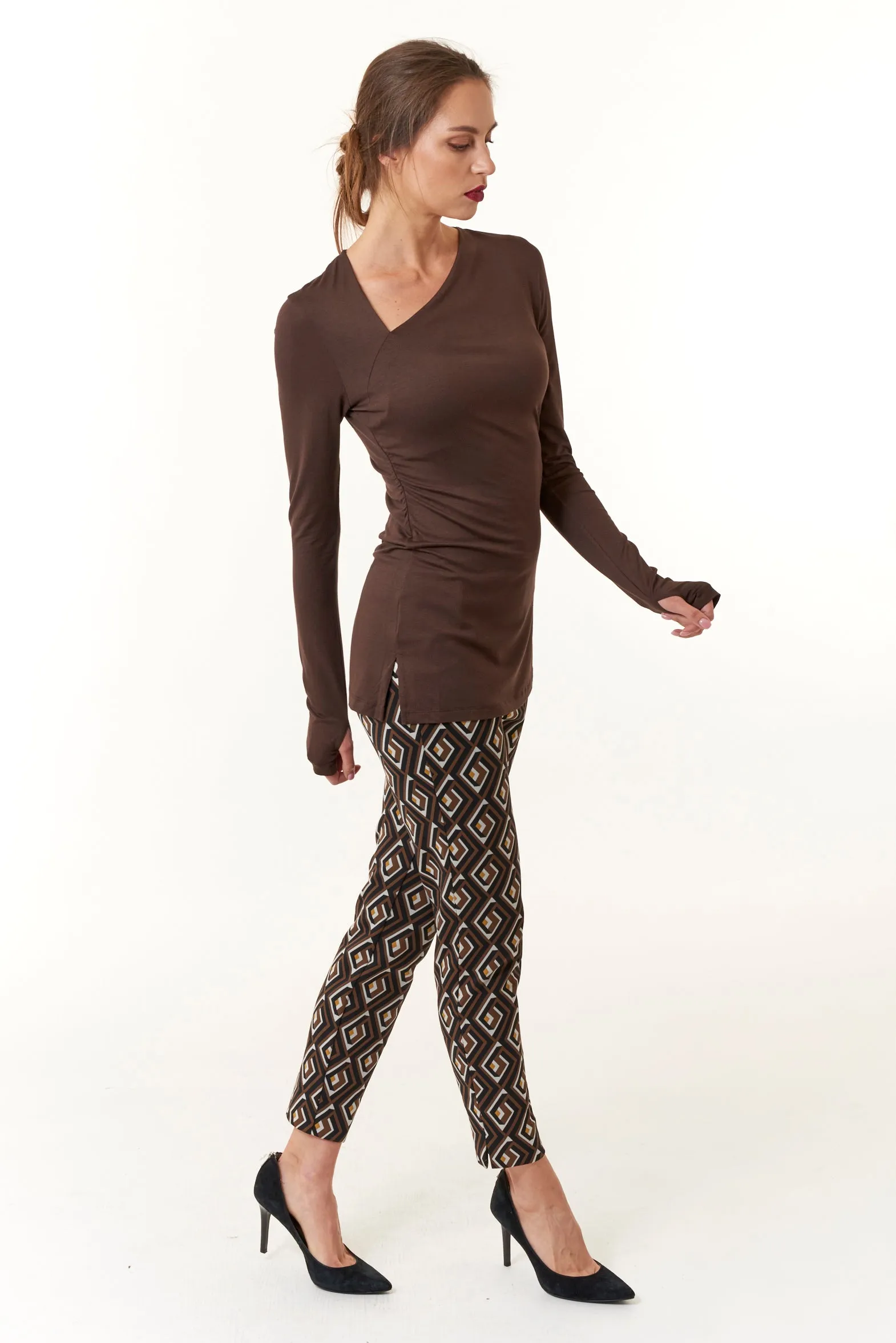 Maliparmi, knit, Assymetrical Ruched Tee Shirt in Dark Brown- Italian Designer Collection