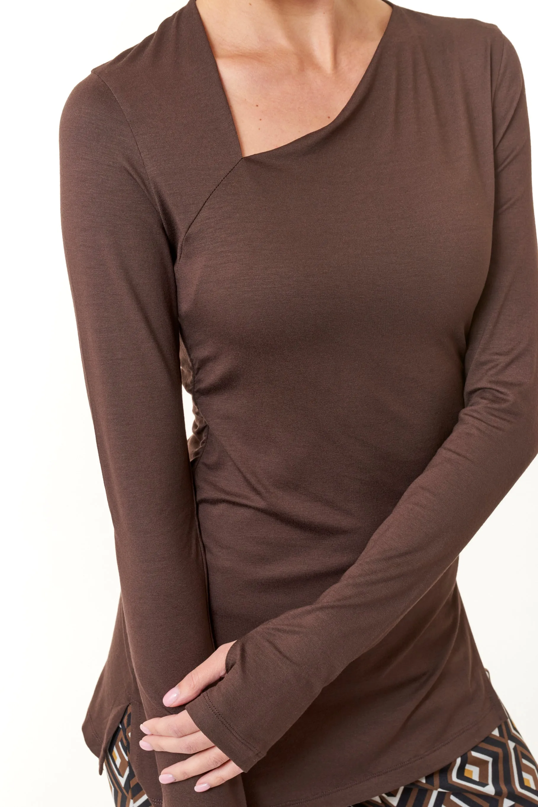 Maliparmi, knit, Assymetrical Ruched Tee Shirt in Dark Brown- Italian Designer Collection