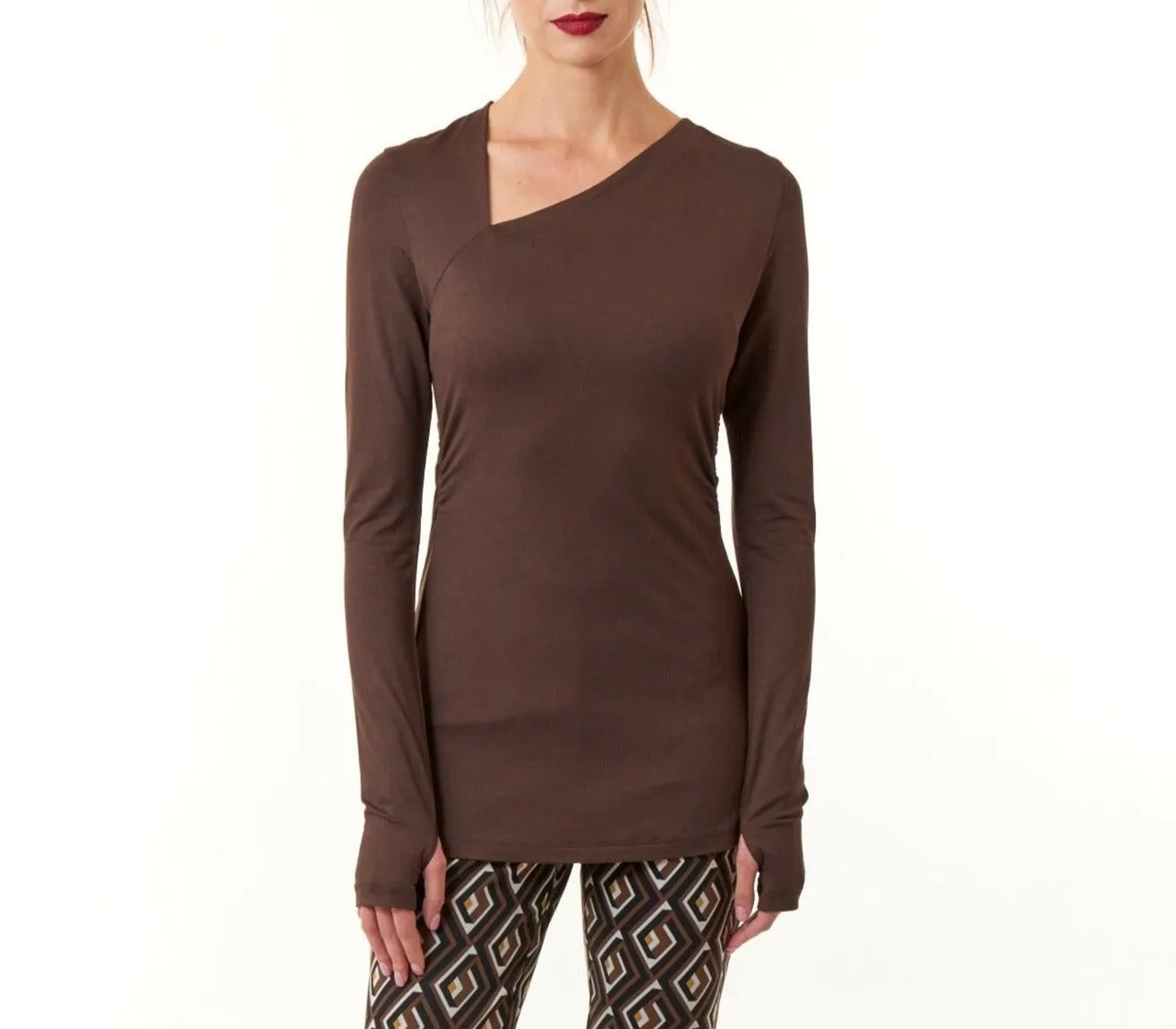 Maliparmi, knit, Assymetrical Ruched Tee Shirt in Dark Brown- Italian Designer Collection