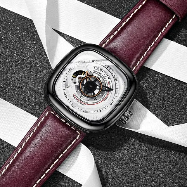 Men's Mechanical Dial Square Case Leather Band Casual Watches