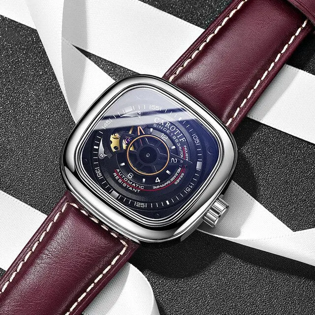 Men's Mechanical Dial Square Case Leather Band Casual Watches