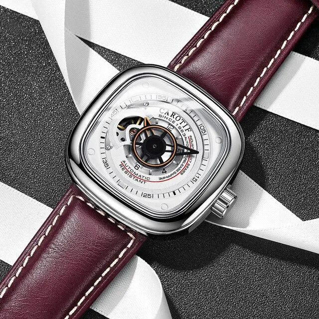 Men's Mechanical Dial Square Case Leather Band Casual Watches