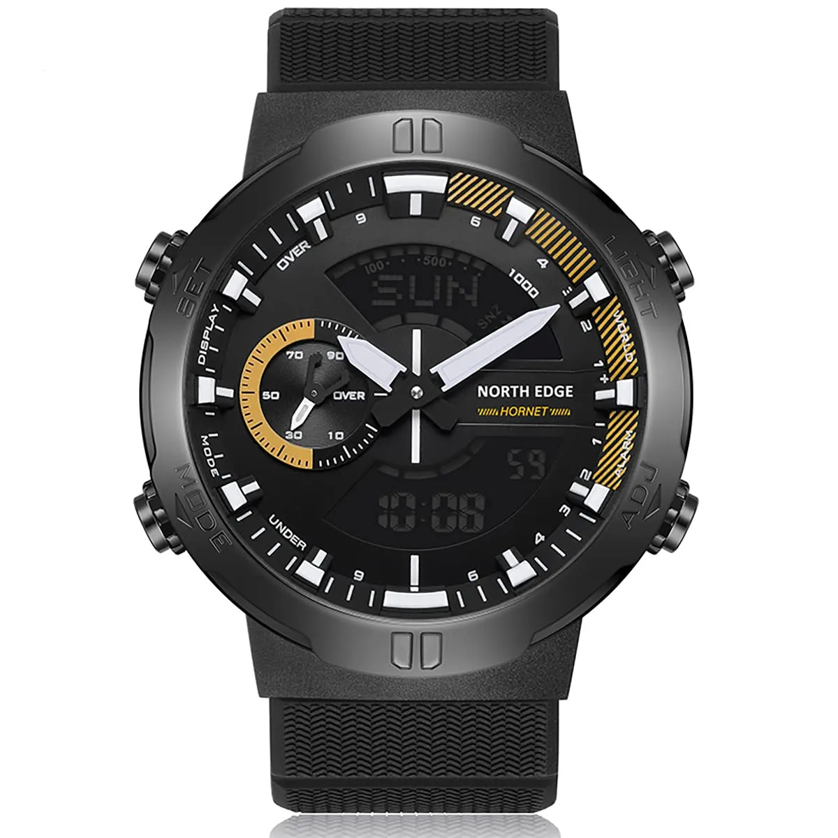 Men's Military Sport Watch Stainless Steel Quartz Watch with Silicone Strap, Digital Dual Display Watches for Men Tactical, World Time, Backlight, Model: Hornet