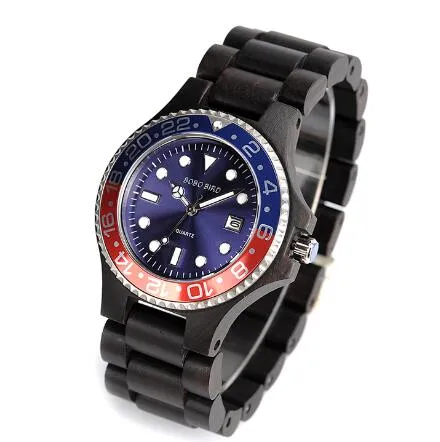 Men's Wooden Watch with All Wood Strap Quartz Analog with Diamond relojes hombre gifts in wood box