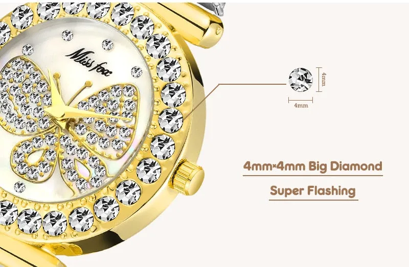 MISSFOX  Big Diamond 18K Gold Butterfly Women Watches