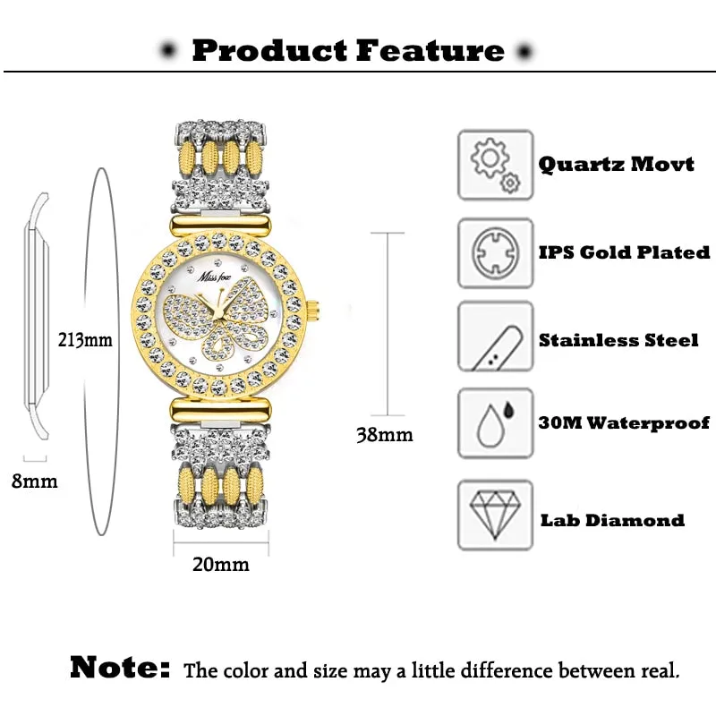 MISSFOX  Big Diamond 18K Gold Butterfly Women Watches