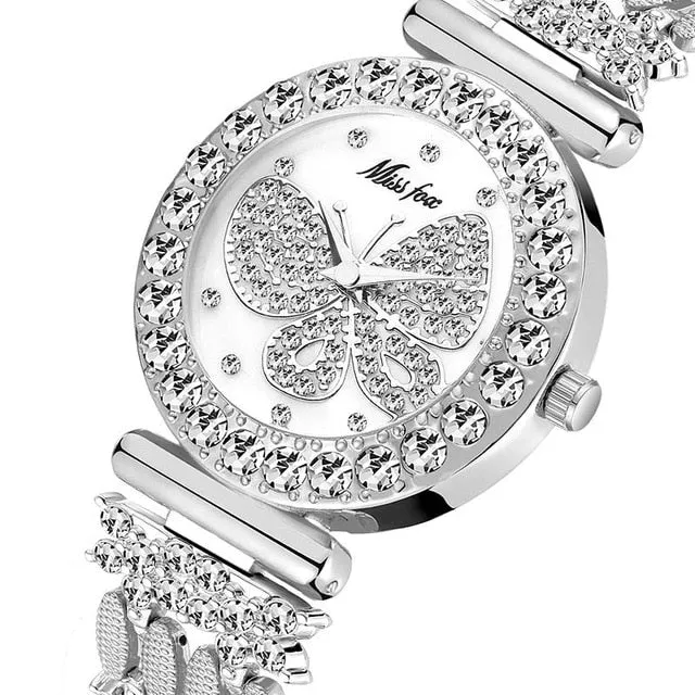MISSFOX  Big Diamond 18K Gold Butterfly Women Watches