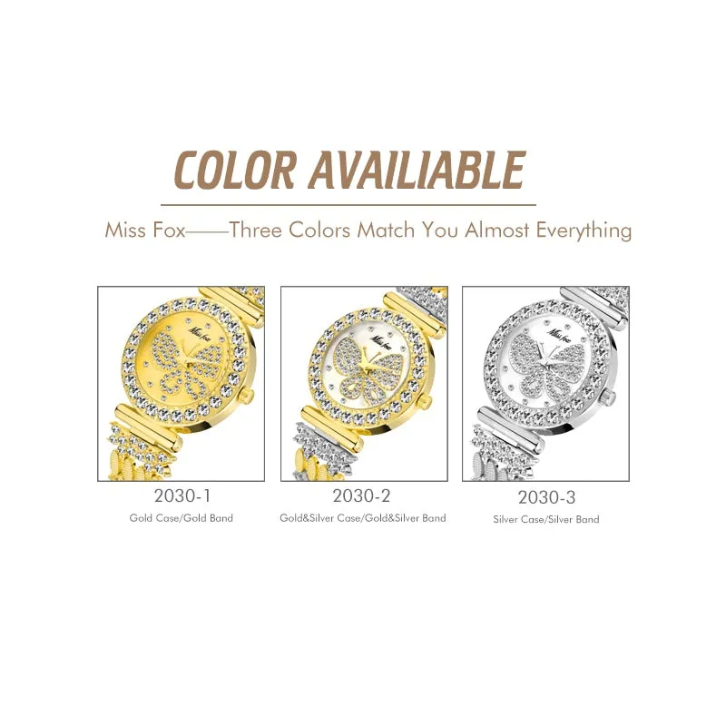 MISSFOX  Big Diamond 18K Gold Butterfly Women Watches