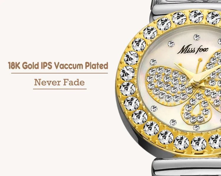 MISSFOX  Big Diamond 18K Gold Butterfly Women Watches