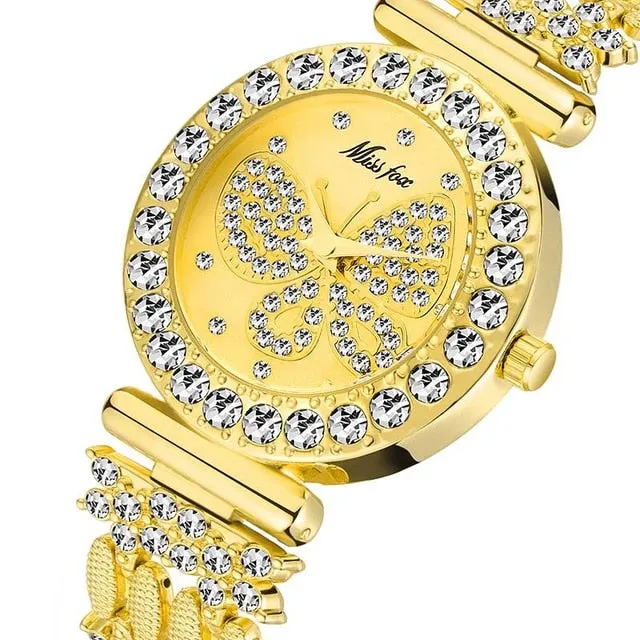MISSFOX  Big Diamond 18K Gold Butterfly Women Watches