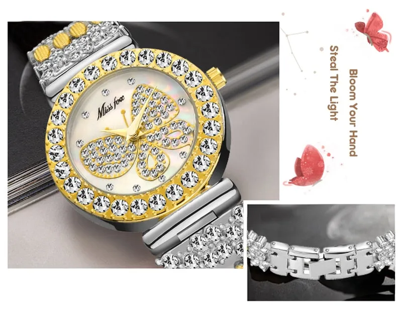 MISSFOX  Big Diamond 18K Gold Butterfly Women Watches