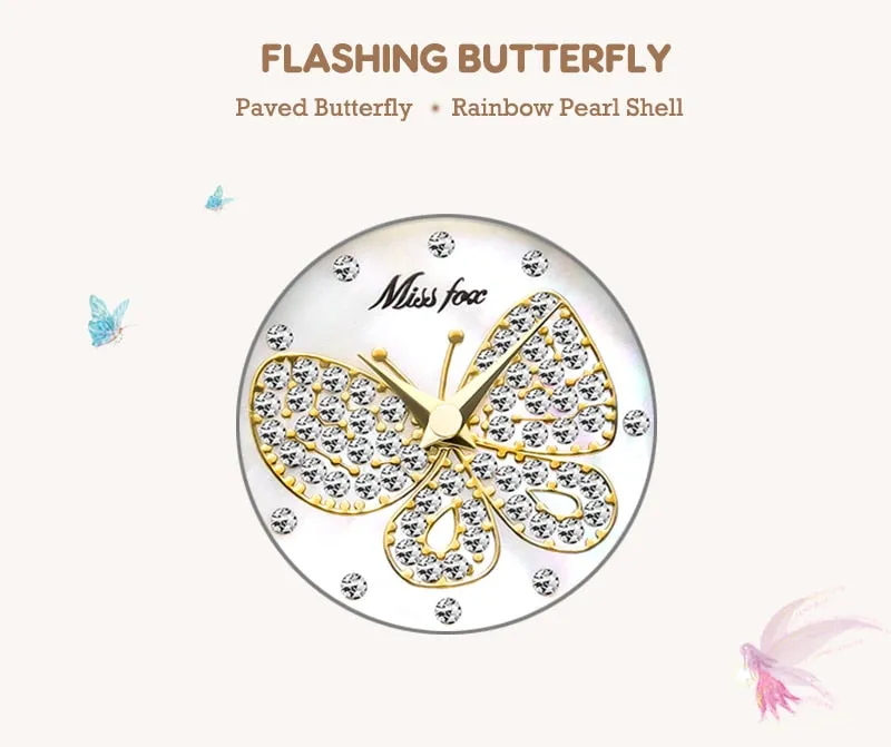 MISSFOX  Big Diamond 18K Gold Butterfly Women Watches