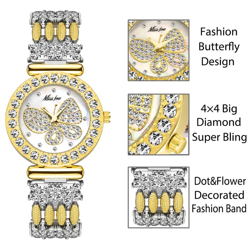 MISSFOX  Big Diamond 18K Gold Butterfly Women Watches