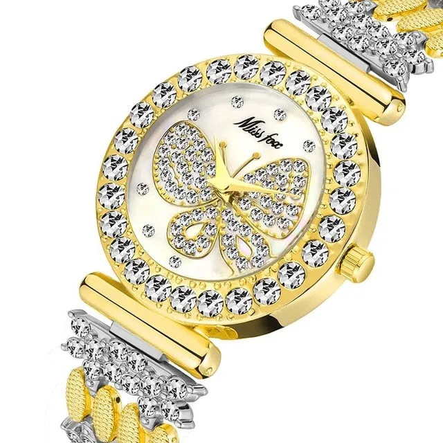 MISSFOX  Big Diamond 18K Gold Butterfly Women Watches