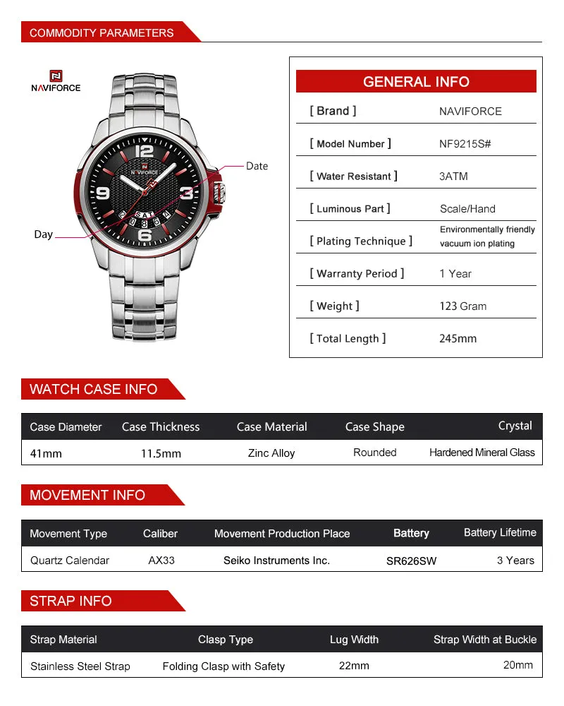 NAVIFORCE 9215S Brand New Original Watches For Men Business Classic Stainless Steel Waterproof Wristwatches Male Fashion Sports Clock