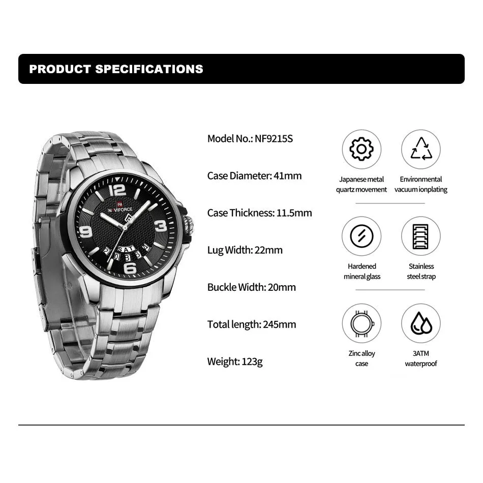 NAVIFORCE 9215S Brand New Original Watches For Men Business Classic Stainless Steel Waterproof Wristwatches Male Fashion Sports Clock