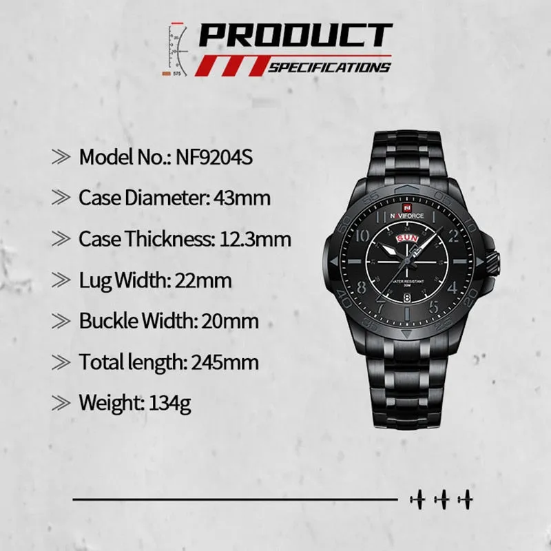 NAVIFORCE  Brand Fashion Stainless Steel Strap Waterproof Quartz Men's Sport Watches NF9204S  Wristwatch 2023 New