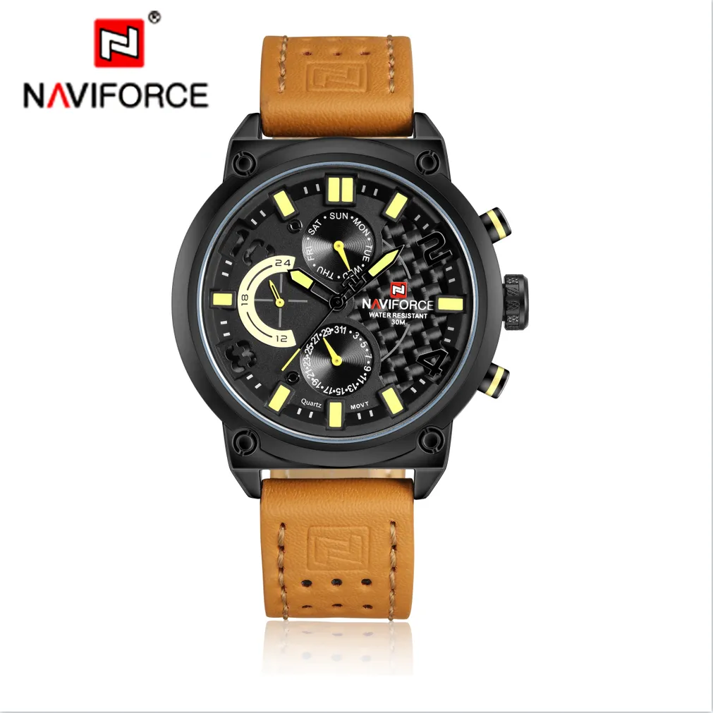 NAVIFORCE Fashion Watches for Men Military Sport Genuine Leather Quartz Waterproof WristWatch NF9068L