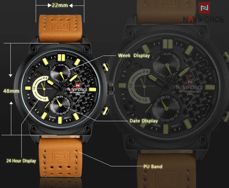 NAVIFORCE Fashion Watches for Men Military Sport Genuine Leather Quartz Waterproof WristWatch NF9068L