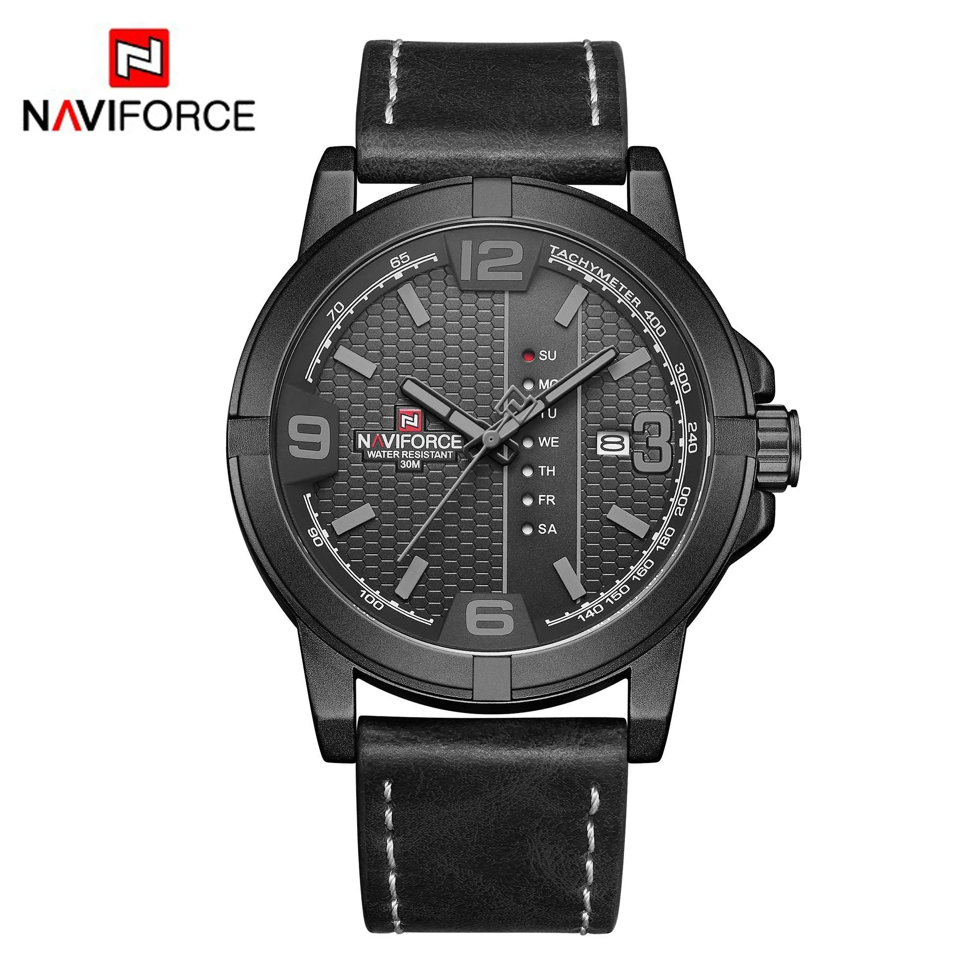 NAVIFORCE Mens Fashion Watches Quartz Waterproof Leather Strap Day and Date Wristwatches NF9177