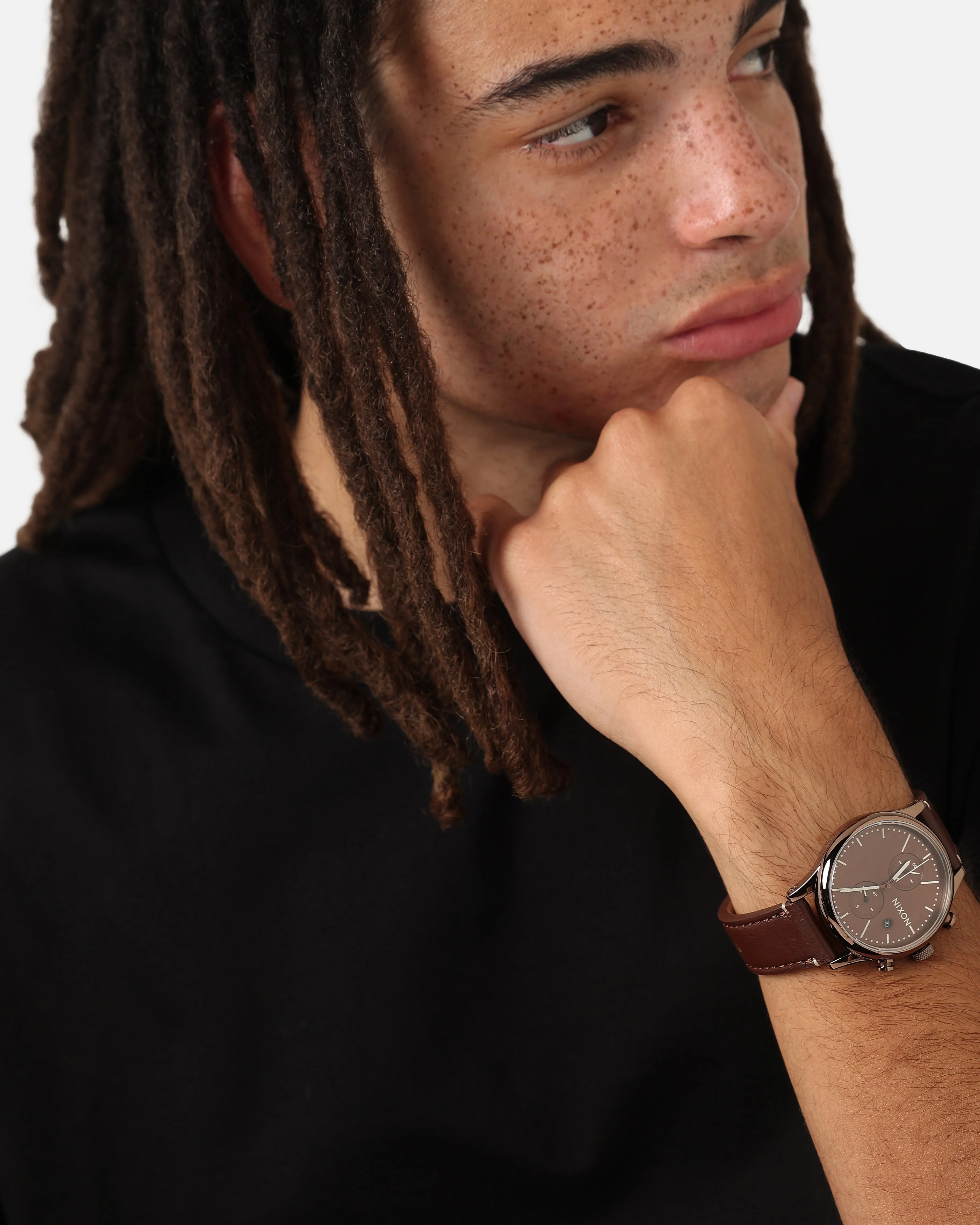 Nixon Station Chrono Leather Watch Chocolate/ Cappuccino Brown