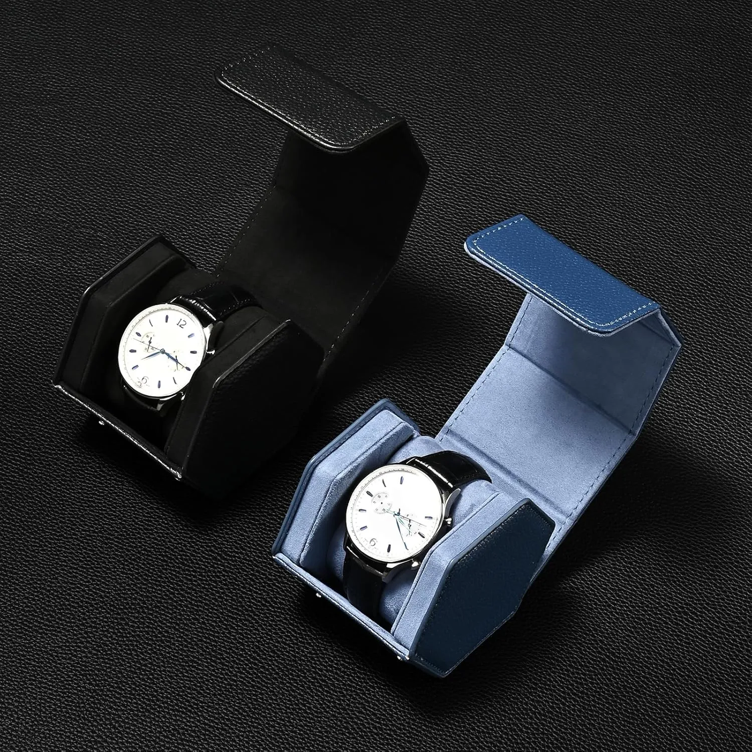 Oirlv Luxury Hexagonal Leather Watch Travel Case Single Watch Box for Men Portable Jewelry Storage Roll Organizer(1-Slot,Blue)