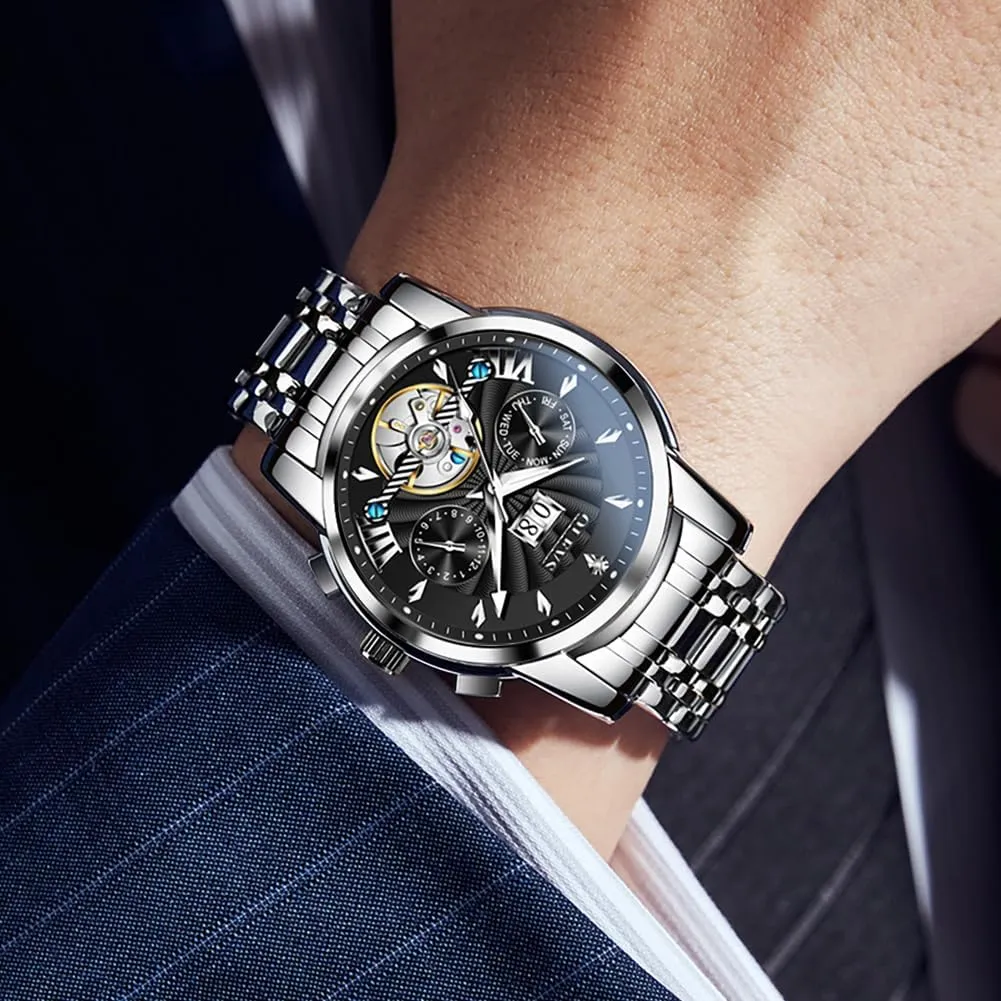OLEVS Watch Men Automatic Self Winding Watches for Men Stainless Steel Mechanical Diver Large Dial Skeleton Classic Waterproof Diamond Date Men's Wrist Watches Relojes para Hombres