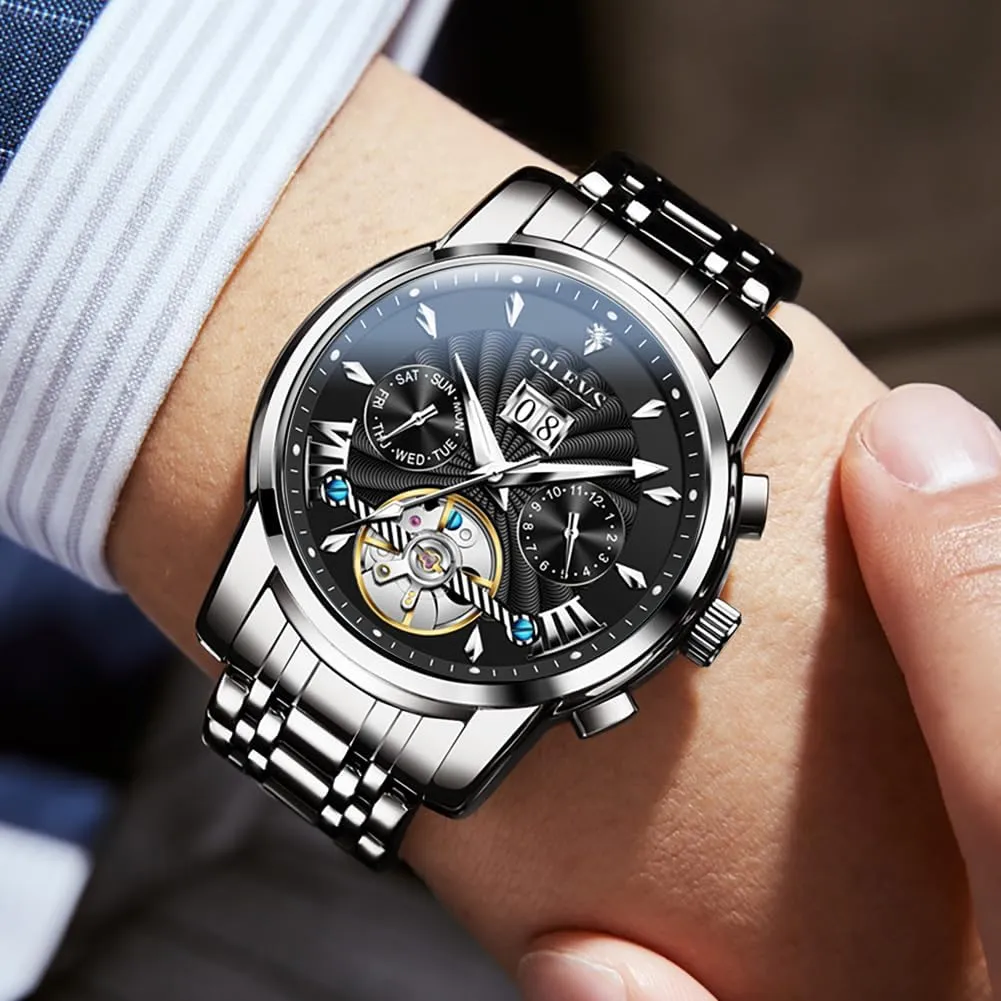 OLEVS Watch Men Automatic Self Winding Watches for Men Stainless Steel Mechanical Diver Large Dial Skeleton Classic Waterproof Diamond Date Men's Wrist Watches Relojes para Hombres