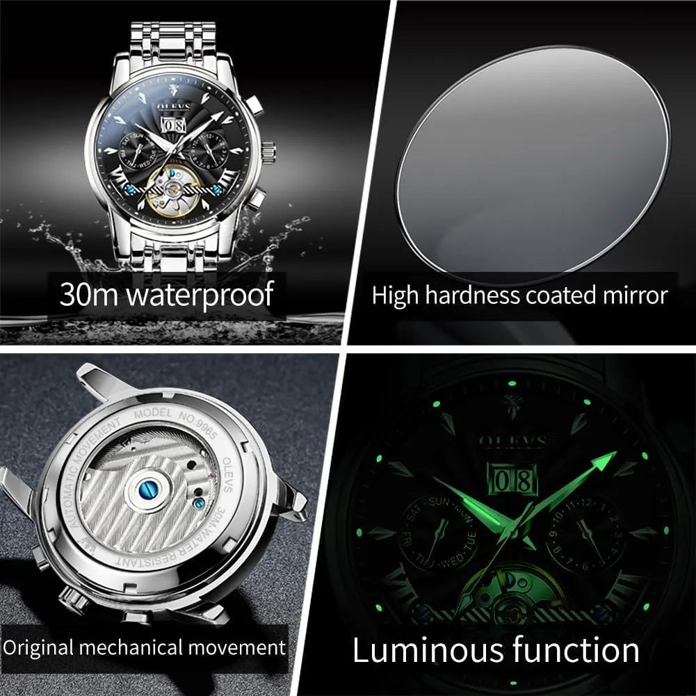 OLEVS Watch Men Automatic Self Winding Watches for Men Stainless Steel Mechanical Diver Large Dial Skeleton Classic Waterproof Diamond Date Men's Wrist Watches Relojes para Hombres