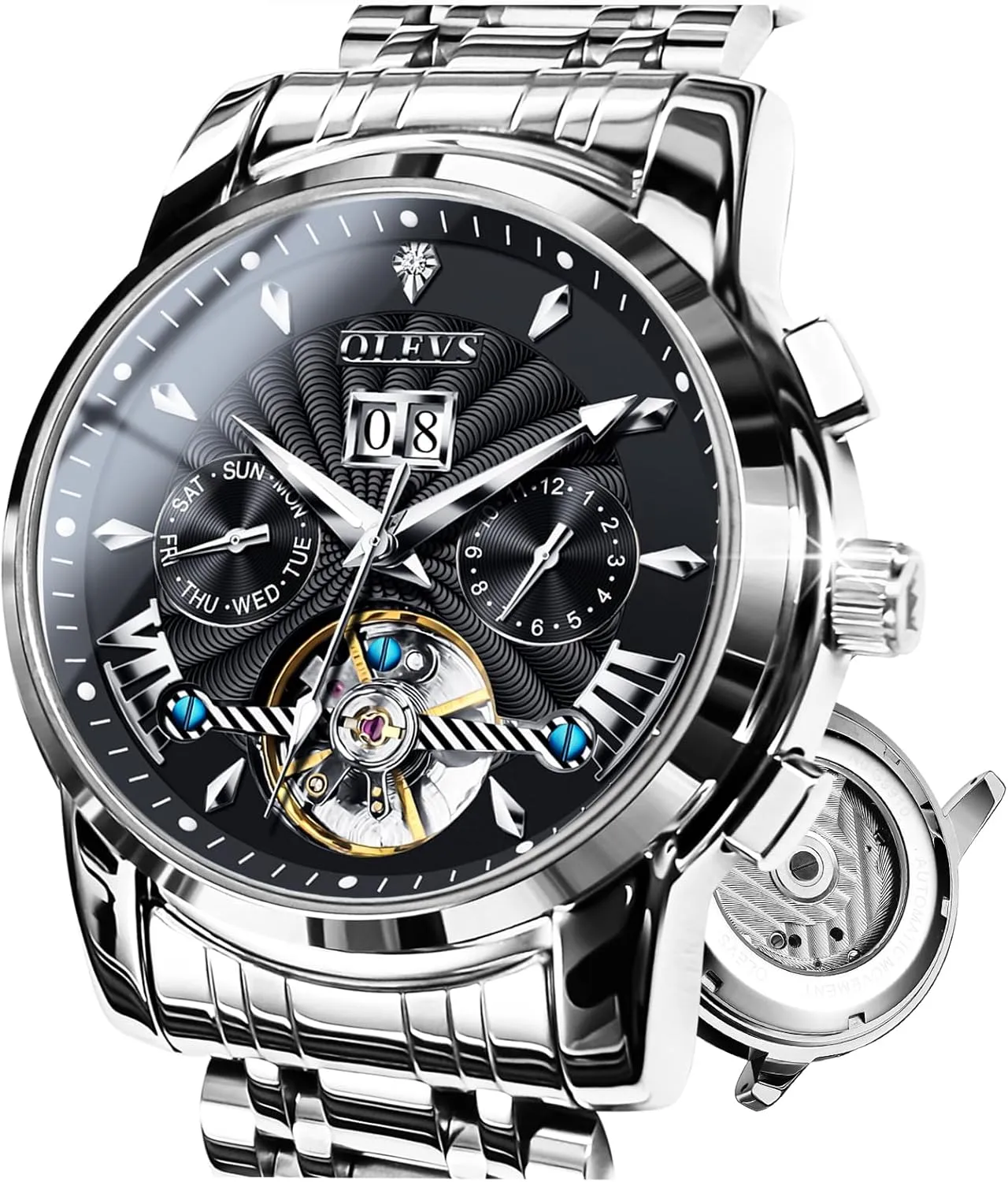 OLEVS Watch Men Automatic Self Winding Watches for Men Stainless Steel Mechanical Diver Large Dial Skeleton Classic Waterproof Diamond Date Men's Wrist Watches Relojes para Hombres