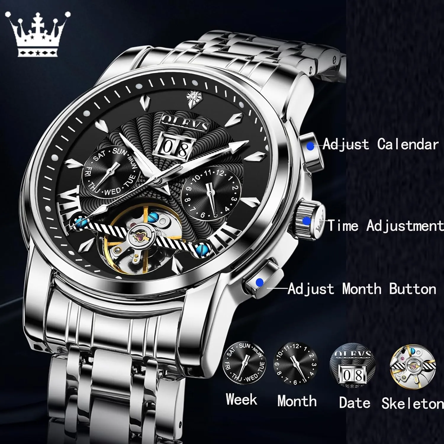 OLEVS Watch Men Automatic Self Winding Watches for Men Stainless Steel Mechanical Diver Large Dial Skeleton Classic Waterproof Diamond Date Men's Wrist Watches Relojes para Hombres