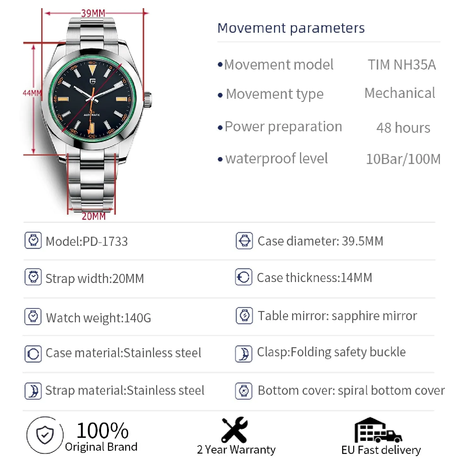 PAGANI DESIGN Green Glass Men&#39;s Mechanical Watches Luxury Sapphire Automatic Watch For Men NH35A Stainless steel Dive Clock 2022