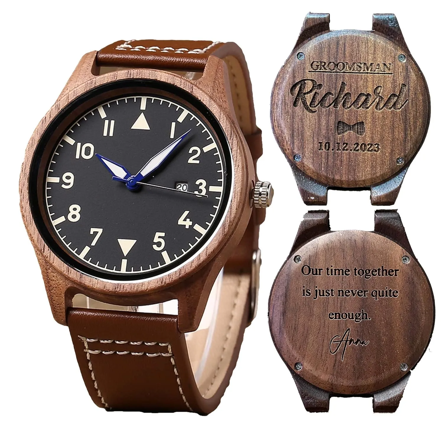 Personalized Walnut Wood Wooden Date Watch, Groomsmen Gift, Mens Gift, Mens Watch, Watches for Men