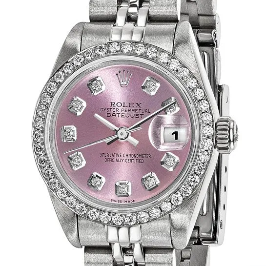 Pre-owned Rolex Independently Certified Women's Stainless Steel Datejust Jubilee with Rose Diamond Dial and Diamond Bezel
