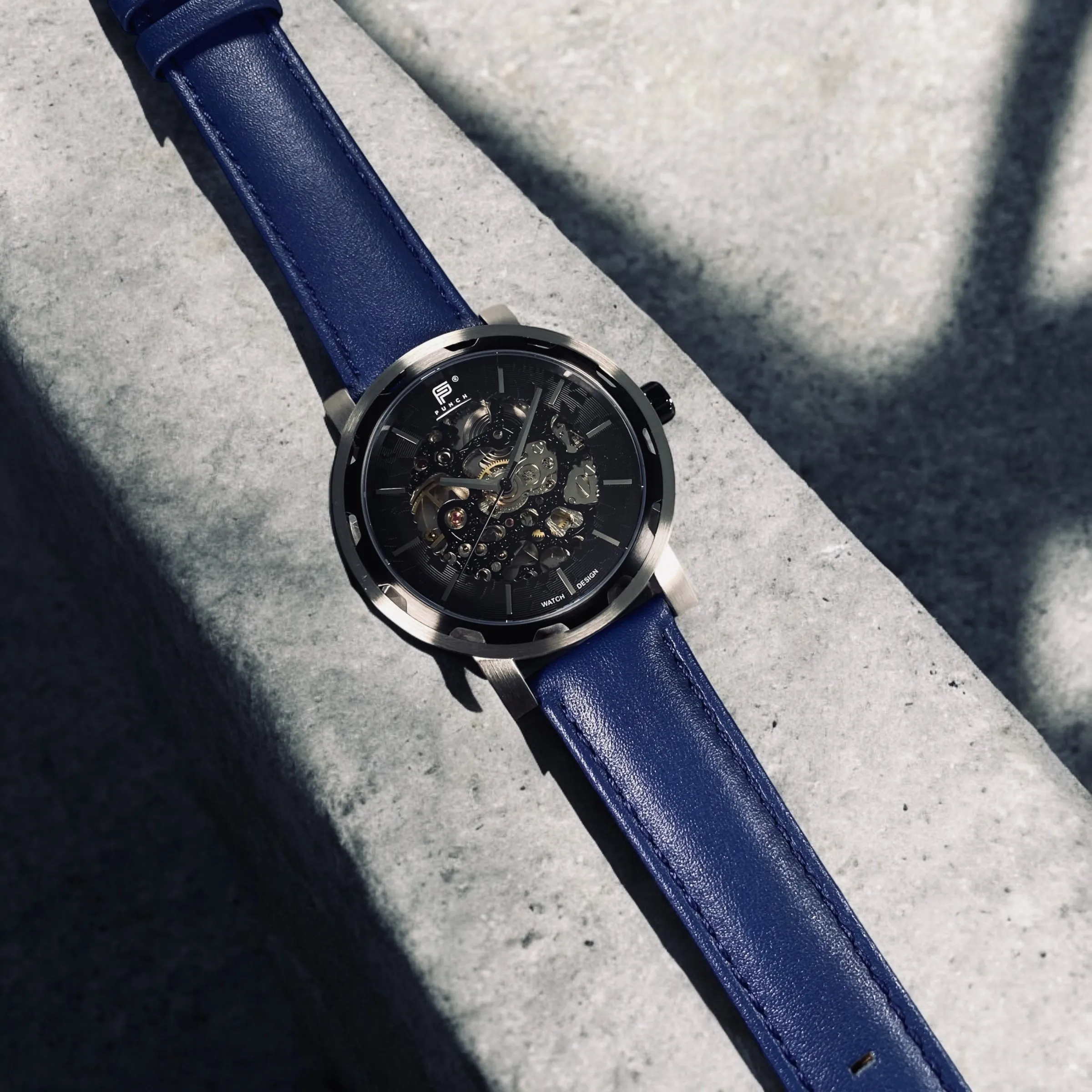 PUNCH Mens Watch, Black & Silver Skeleton Automatic Watch - Blue Leather Strap