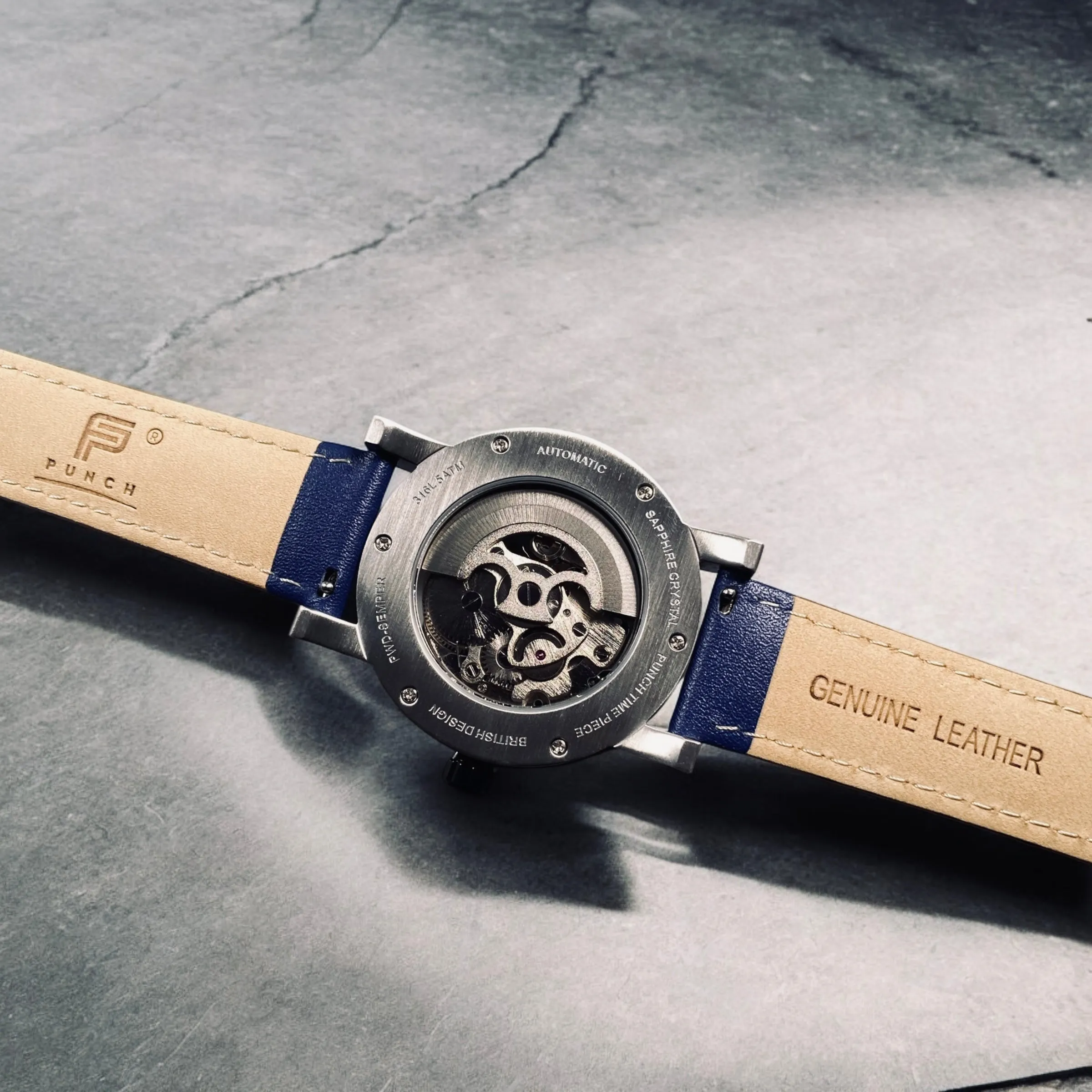 PUNCH Mens Watch, Black & Silver Skeleton Automatic Watch - Blue Leather Strap
