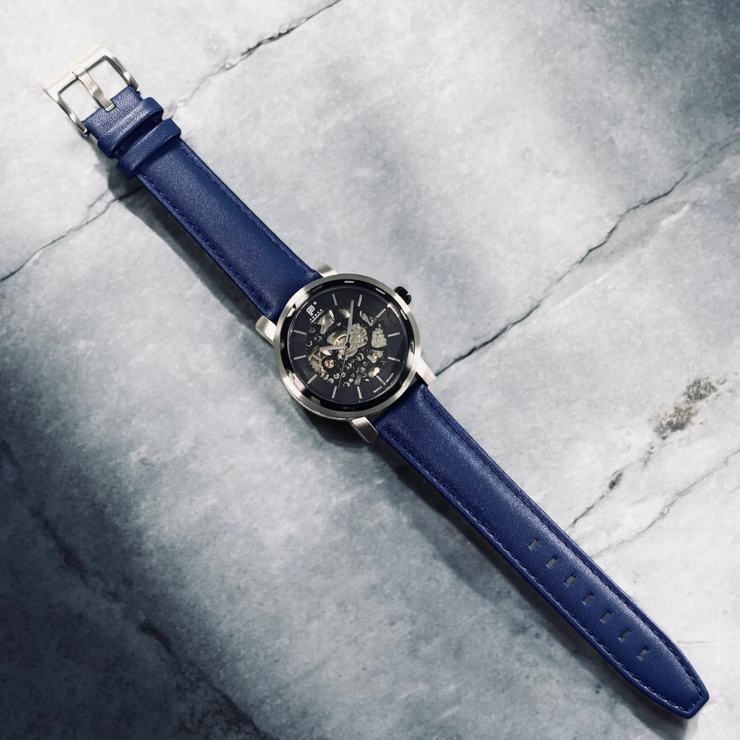 PUNCH Mens Watch, Black & Silver Skeleton Automatic Watch - Blue Leather Strap