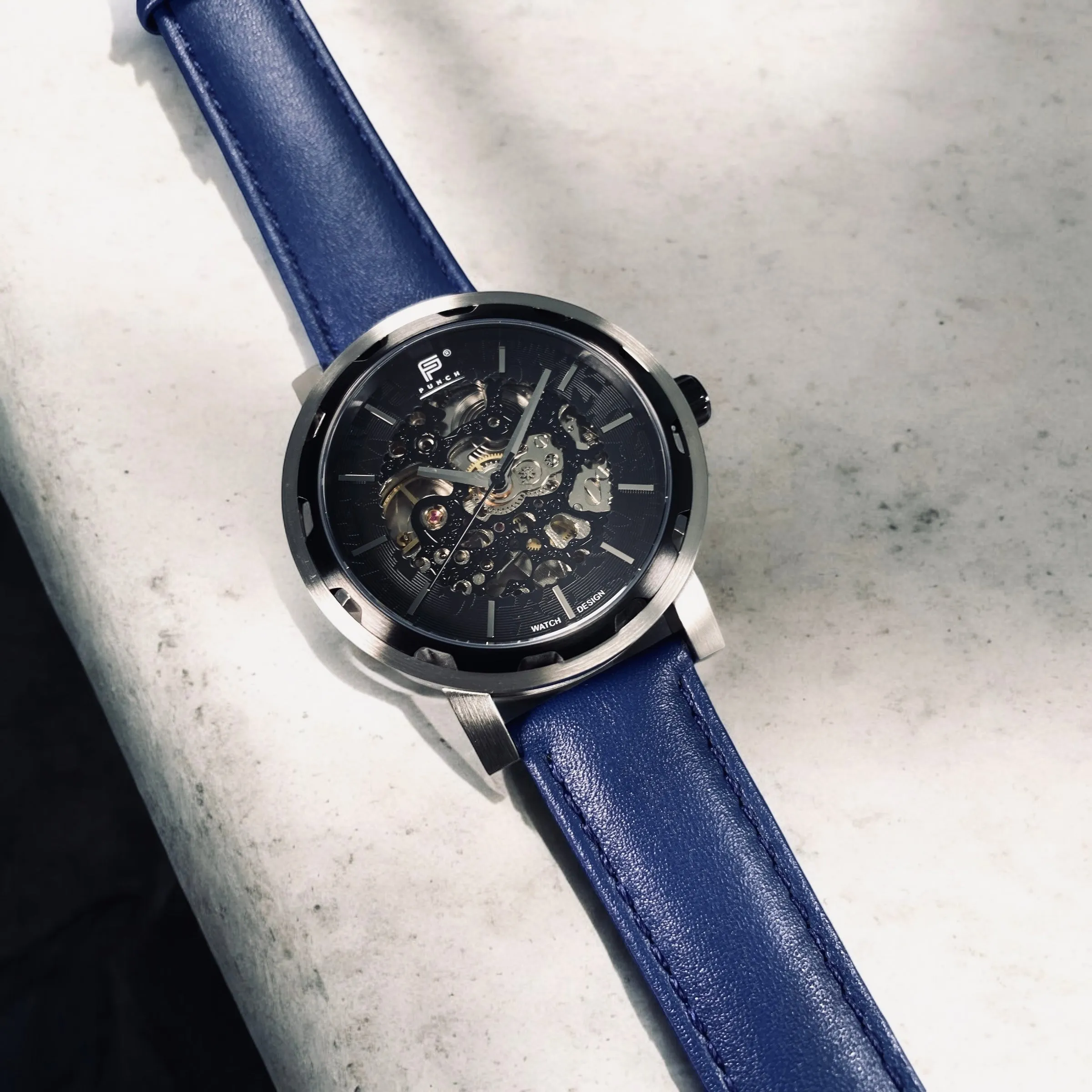 PUNCH Mens Watch, Black & Silver Skeleton Automatic Watch - Blue Leather Strap