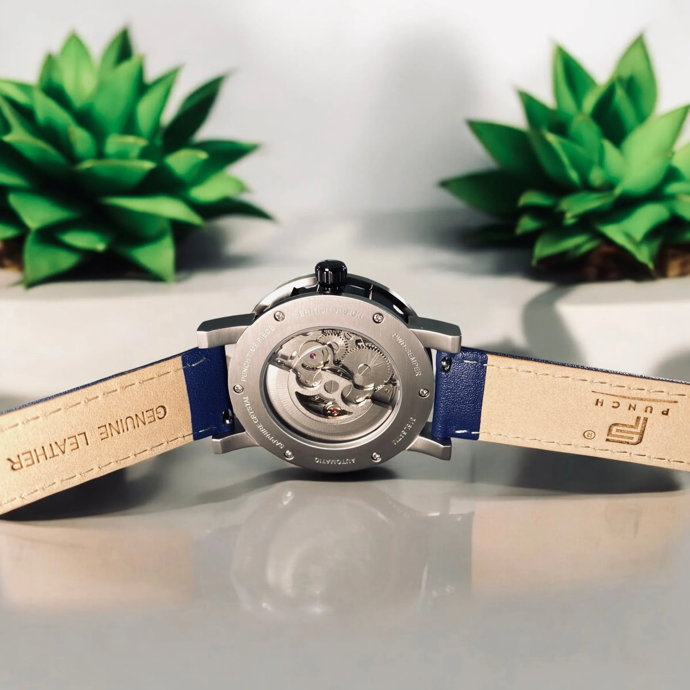 PUNCH Mens Watch, Black & Silver Skeleton Automatic Watch - Blue Leather Strap