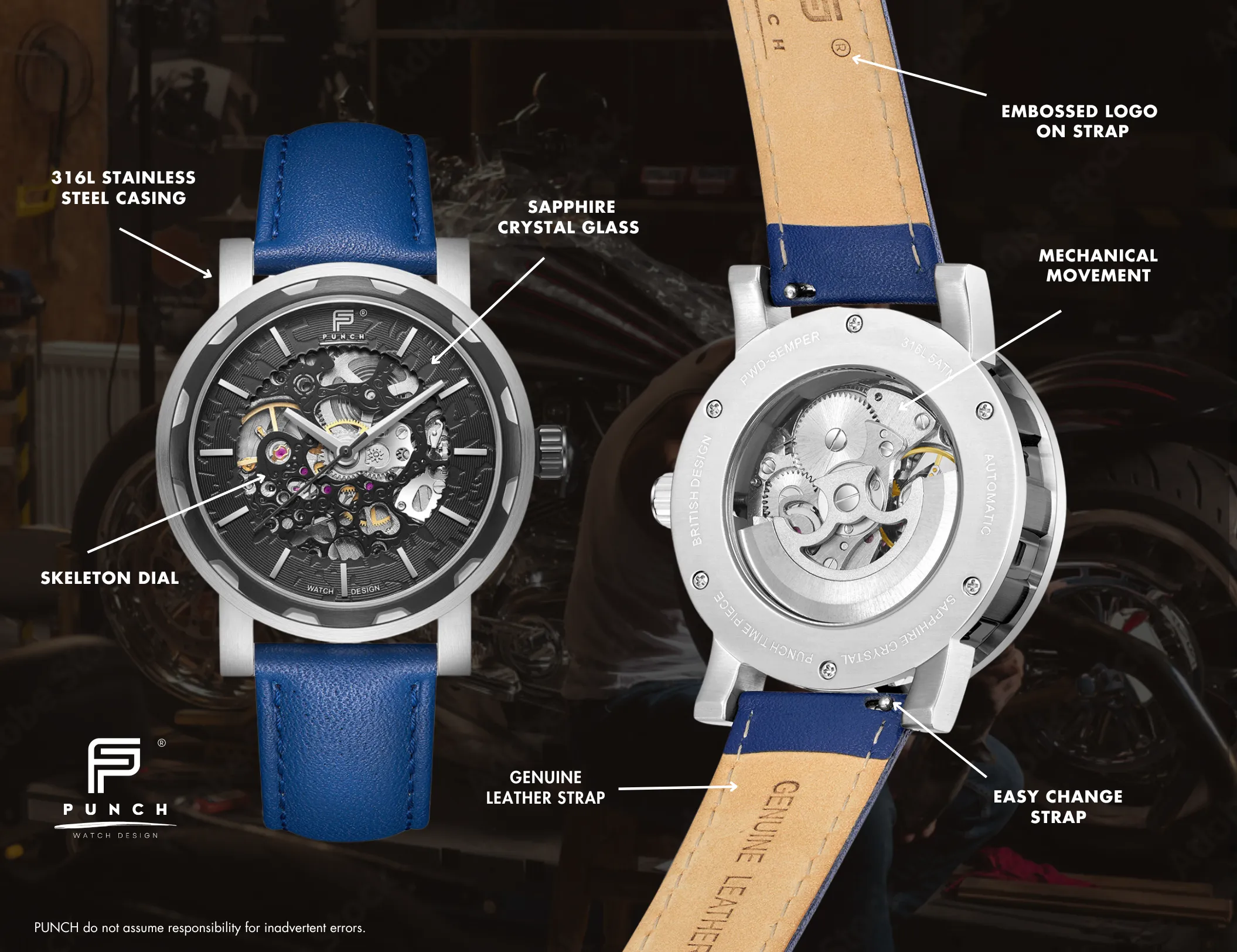 PUNCH Mens Watch, Black & Silver Skeleton Automatic Watch - Blue Leather Strap