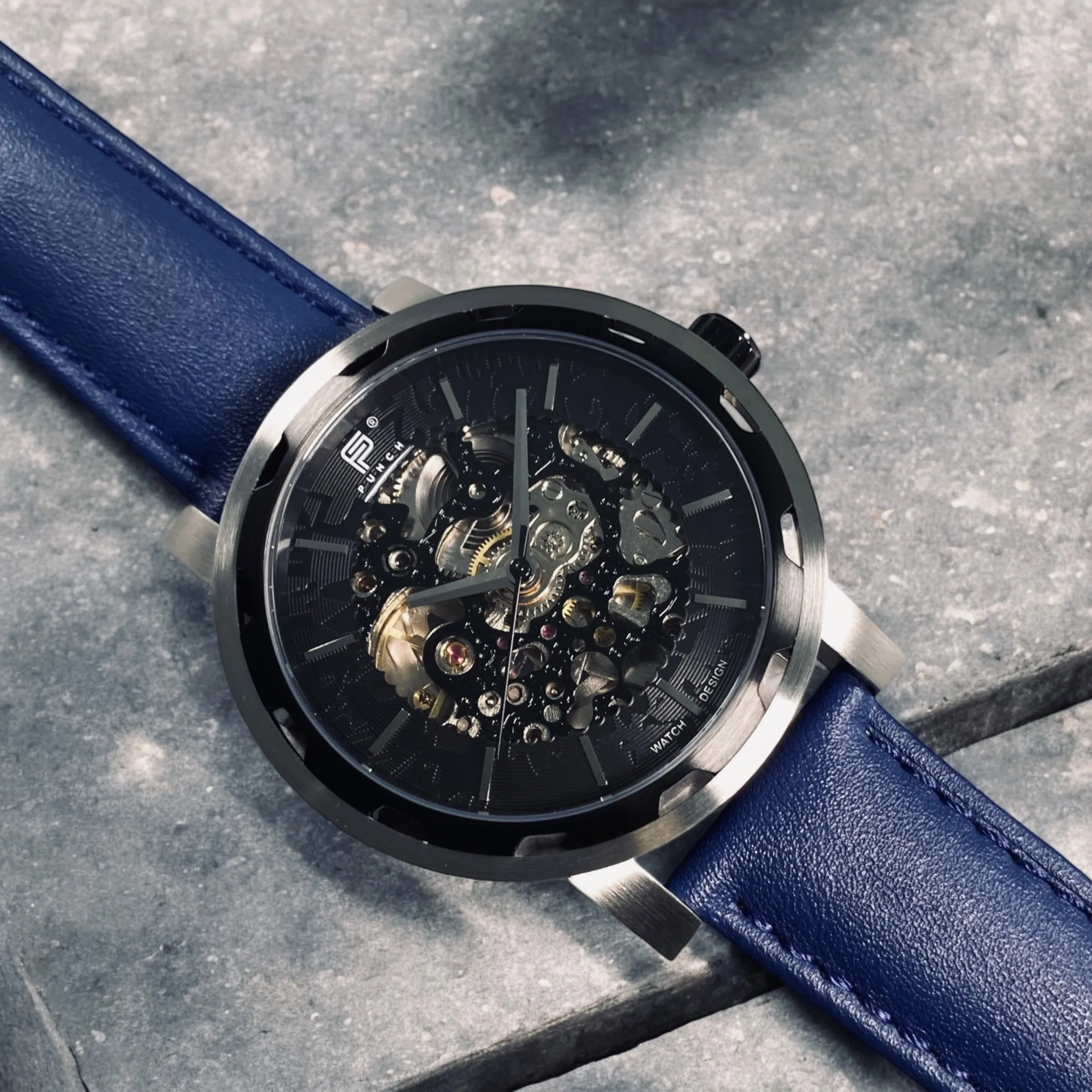 PUNCH Mens Watch, Black & Silver Skeleton Automatic Watch - Blue Leather Strap