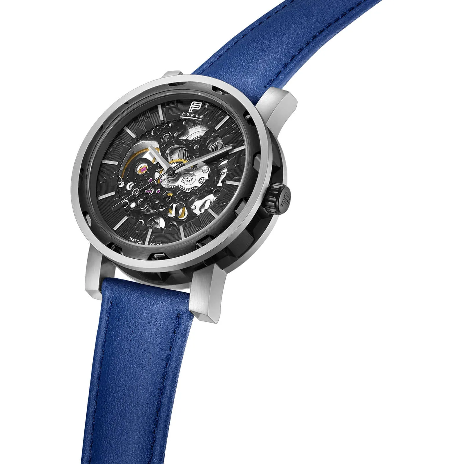 PUNCH Mens Watch, Black & Silver Skeleton Automatic Watch - Blue Leather Strap